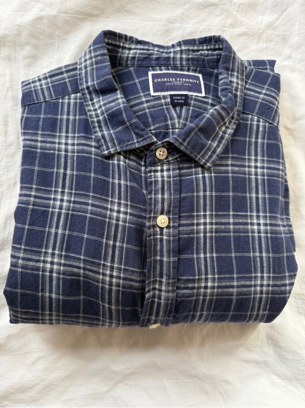 Charles Tyrwhitt Blue and White Plaid 100% Linen Casual Button-Down Shirt